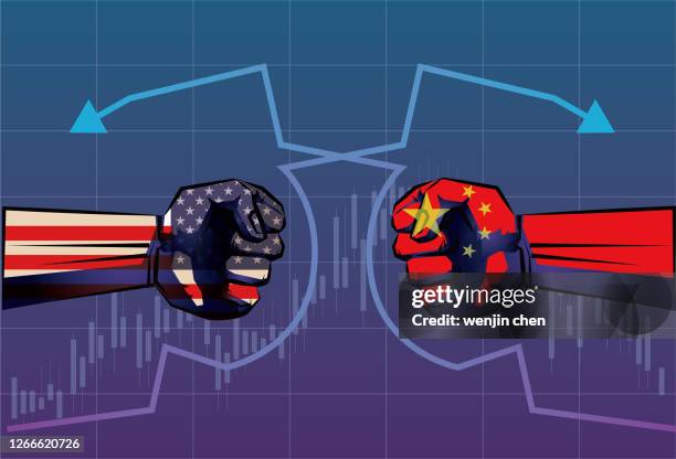 bildbanksillustrationer, clip art samt tecknat material och ikoner med kina och usa: s politiska och ekonomiska konfrontation, handelskrig, aktiemarknaden nedgång - china trade war