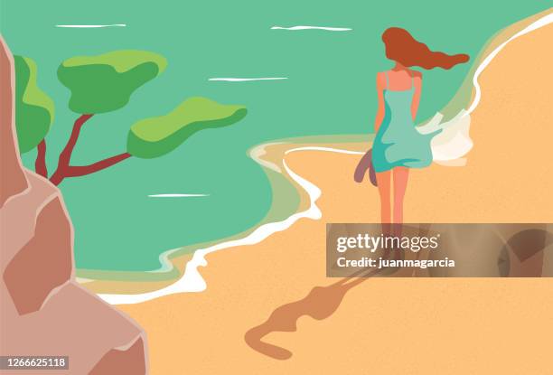 woman walking on the beach - turquoise gemstone stock illustrations