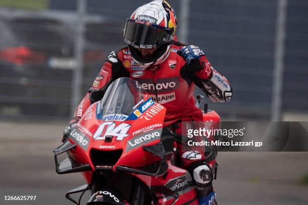 Andrea Dovizioso of Italy and Ducati Team celebrates the victory at the end of the MotoGP race during the MotoGP Of Austria - Race at Red Bull Ring...