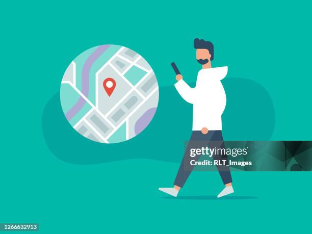illustration of person walking while using phone with navigation app - touch map stock illustrations