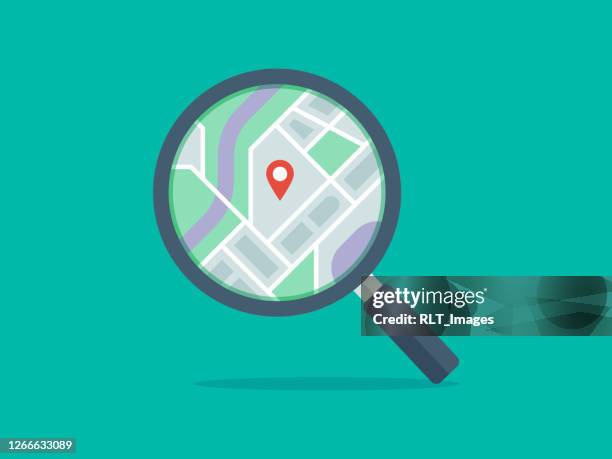 ilustraciones, imágenes clip art, dibujos animados e iconos de stock de ilustración de la lupa con mapa en la lente - magnify