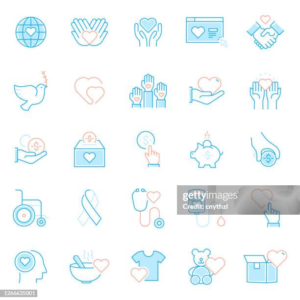 set of charity and donation related line icons. simple outline symbol icons. - giving tuesday stock illustrations