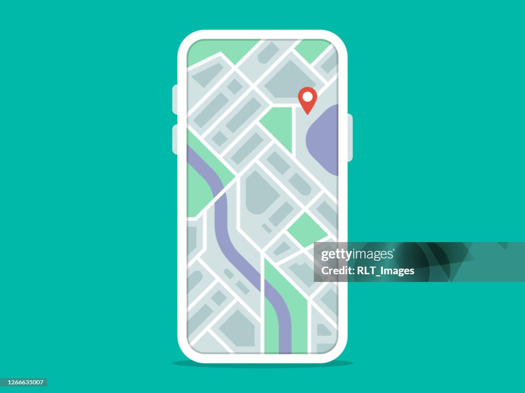 Illustration of smart phone with navigation app on screen