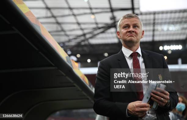 Ole Gunnar Solskjaer, Manager of Manchester United by the dugouts prior to the UEFA Europa League Semi Final between Sevilla and Manchester United at...