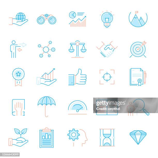set of core values related flat line icons. simple outline symbol icons. - vision statement stock illustrations