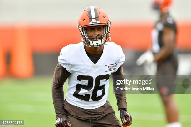 Greedy Williams of the Cleveland Browns works out during training camp on August 16, 2020 at the Cleveland Browns training facility in Berea, Ohio.