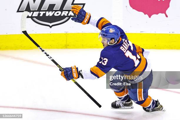 Mathew Barzal of the New York Islanders celebrates after scoring the game winning goal at 4:28 against the Washington Capitals during the first...
