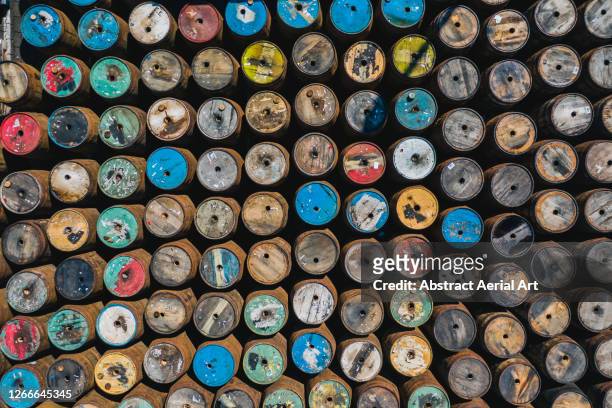 colourful alcohol barrels photographed from directly above, scotland, united kingdom - multi barrel stock pictures, royalty-free photos & images