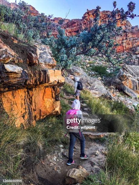 junge und mädchen steigen auf die wolfberger risse und bogen - cederberg gebirge stock-fotos und bilder