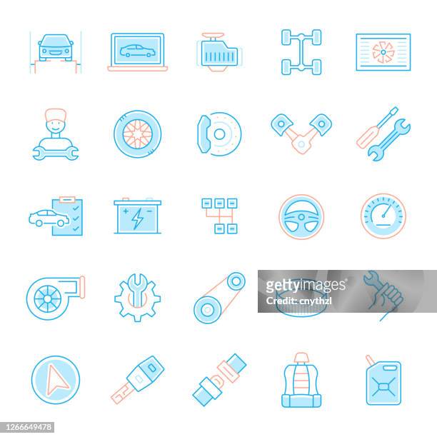 set of car service and repair shop related flat line icons. simple outline symbol icons. - automobile industry stock illustrations
