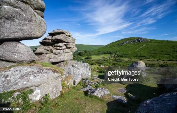 blue skies over dartmoor - outcrop stock pictures, royalty-free photos & images