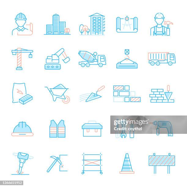 set of construction and architecture related flat line icons. simple outline symbol icons. - construction-project-icon stock illustrations