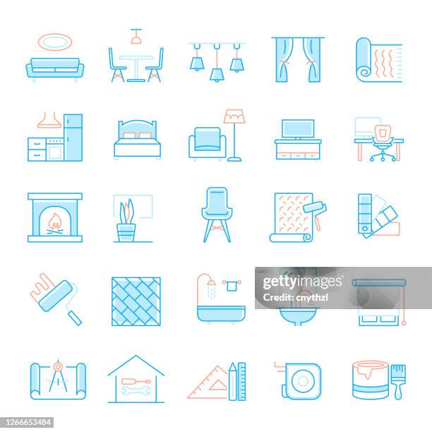 set of interior design and home decoration related flat line icons. simple outline symbol icons. - home showcase interior stock illustrations