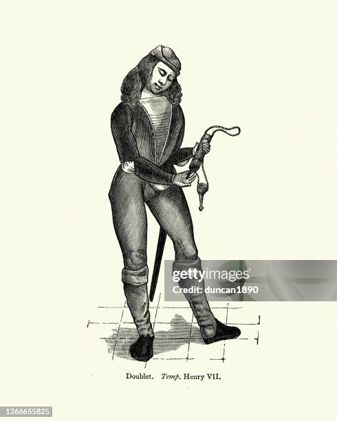 medieval fashions, man wearing doublet, trousers, boots, 15th century - medieval man stock illustrations