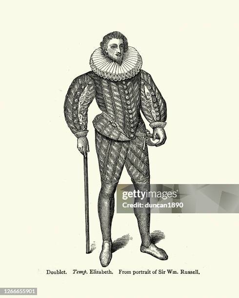 stockillustraties, clipart, cartoons en iconen met elizabethaanse mensmode, mens die doublet, halsbruff draagt - elizabethaanse stijl