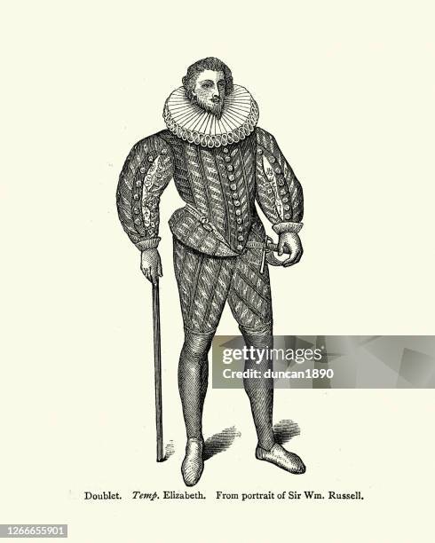 elizabethan mens fashion, man wearing doublet, neck ruff - elizabethan ruff stock illustrations