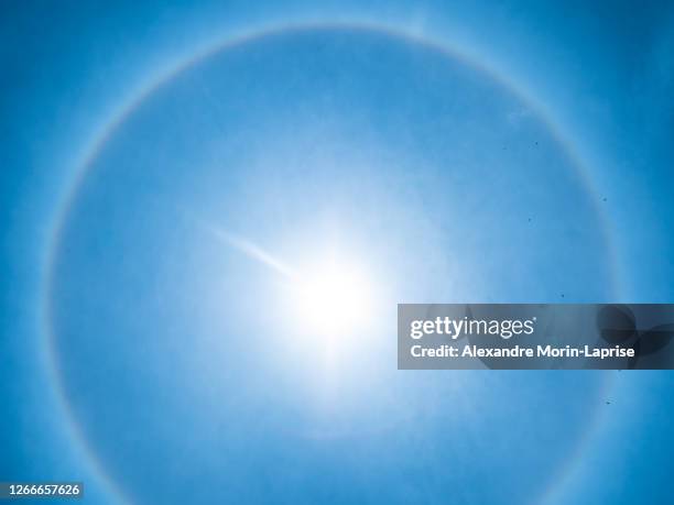 solar halo in a blue sky while birds fly - sundog stock pictures, royalty-free photos & images