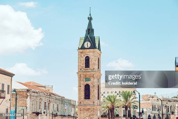 clock tower in historic jaffa - jaffa stock-fotos und bilder