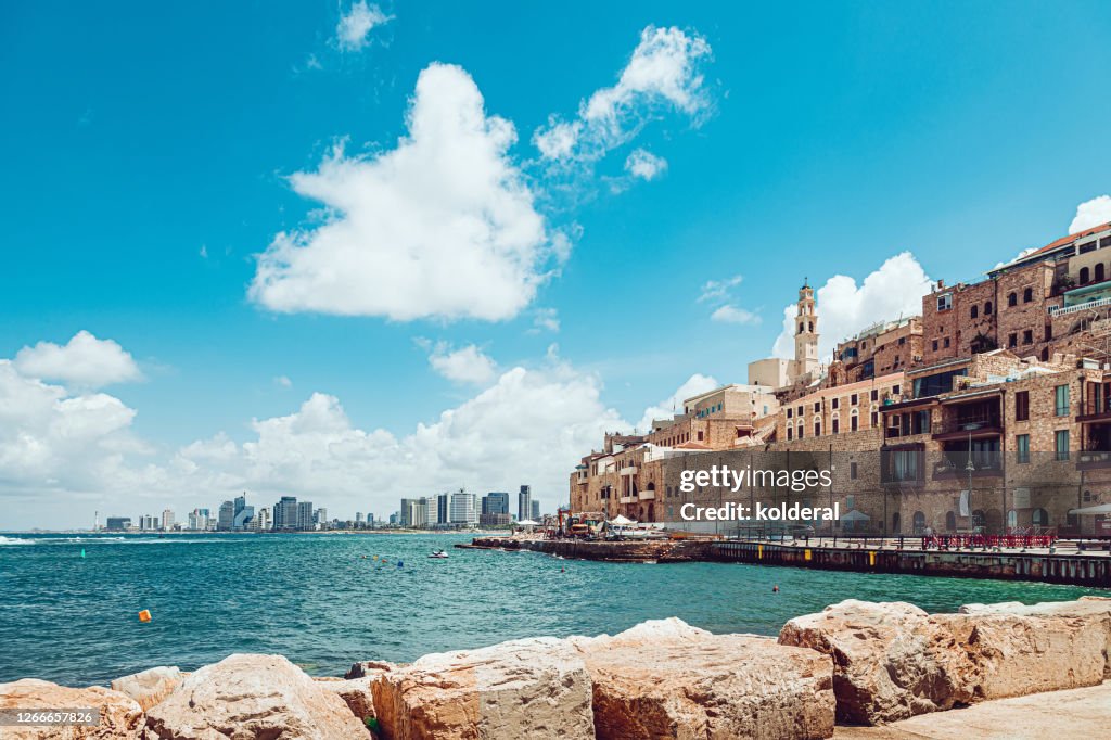 Old Jaffa and distant view of modern Tel Aviv buildings