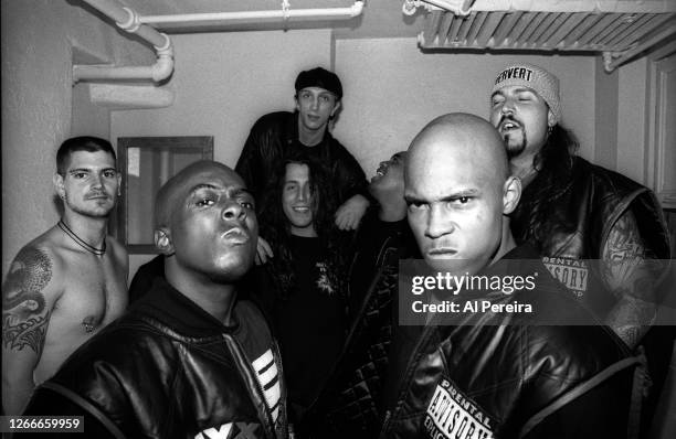 Members of Biohazard and Rap Group Onyx gather backstage at The Academy after performing "Slam" on May 24, 1993 in New York City.
