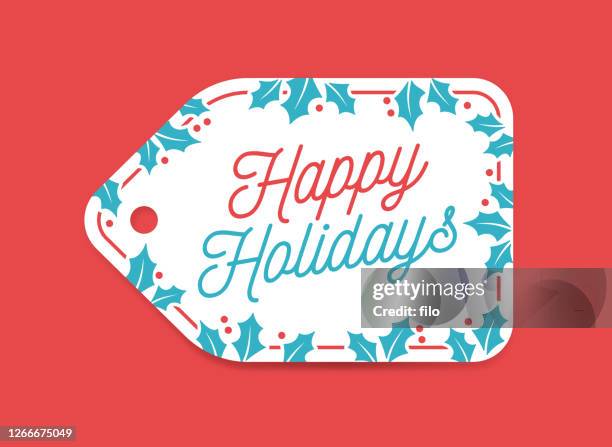 happy holidays holly gift tag - happy holidays stock illustrations