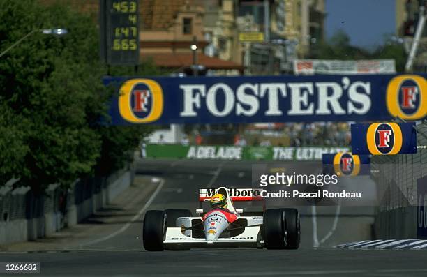 Ayrton Senna of Brazil claims his 60th pole position in his McLaren Honda before the Australian Grand Prix at the Adelaide circuit in Australia....