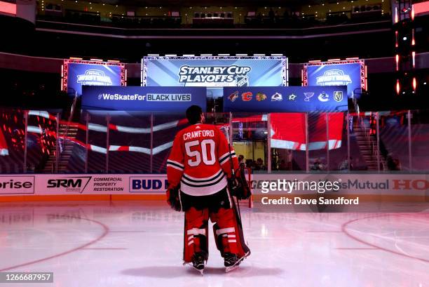 Goaltender Corey Crawford of the Chicago Blackhawks stands on the ice during pregame before taking on the Vegas Golden Knights in Game Four of the...