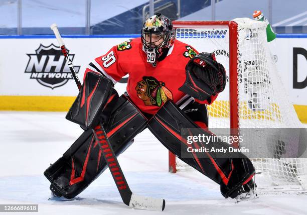 Goaltender Corey Crawford of the Chicago Blackhawks guards the net against the Vegas Golden Knights during the second period of Game Four of the...