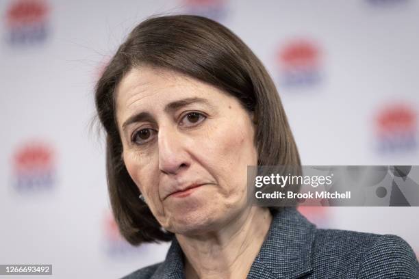 Premier Gladys Berejiklian speaks at a press conference in Homebush on August 17, 2020 in Sydney, Australia. The Premier today announced 7 new cases...
