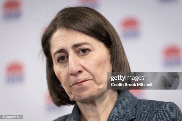 Premier Gladys Berejiklian speaks at a press conference in Homebush on August 17, 2020 in Sydney, Australia. The Premier today announced 7 new cases...