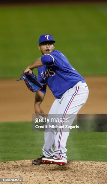 Edinson Vólquez of the Texas Rangers pitches during the game against the Oakland Athletics at RingCentral Coliseum on August 4, 2020 in Oakland,...