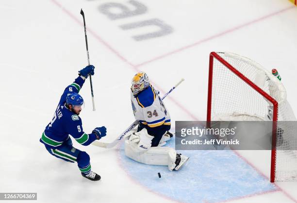 Miller of the Vancouver Canucks celebrates his goal at 1:19 of the first period against Jake Allen of the St. Louis Blues in Game Four of the Western...
