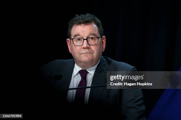 Finance Minister Grant Robertson speaks to media during a press conference at Parliament on August 17, 2020 in Wellington, New Zealand. The...