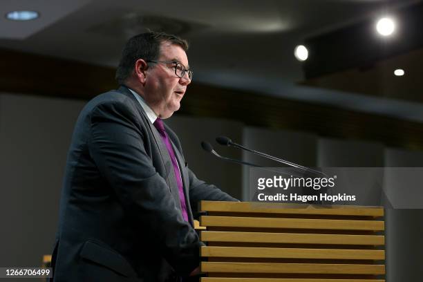 Finance Minister Grant Robertson speaks to media during a press conference at Parliament on August 17, 2020 in Wellington, New Zealand. The...