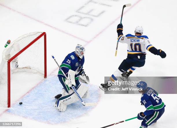 Brayden Schenn of the St. Louis Blues celebrates his game winning goal at 15:06 of overtime against the Vancouver Canucks in Game Four of the Western...