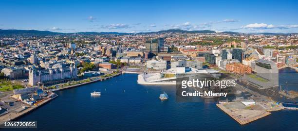 oslo cityscape aerial panorama oslo hafen im sommer norwegen - opera house stock-fotos und bilder