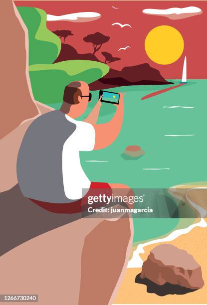 man photographing sunset sitting in a cove - turquoise gemstone stock illustrations