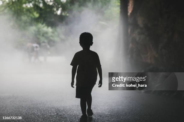 silhouette eines jungen im nebel - child silhouette stock-fotos und bilder