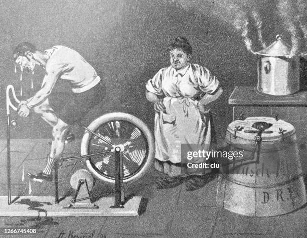 man sitting on a wheel drive of a washing machine - antique washing machine stock illustrations