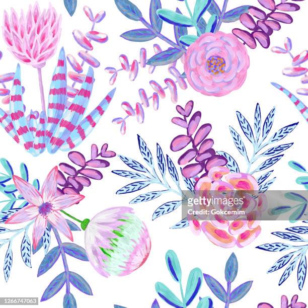 floral seamless pattern. bouquet with hand drawn leaves, flowers and succulents isolated on pink background. oil, acrylic painting floral pattern. design element for greeting cards and wedding, birthday and other holiday and summer invitation cards backgr - buttercup family stock illustrations