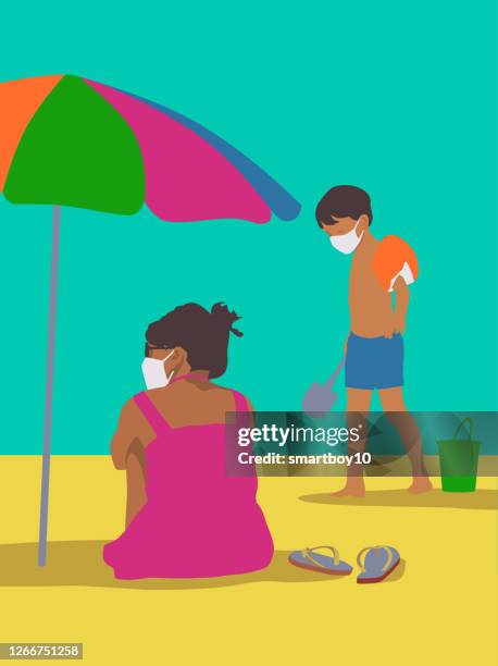 beach vacation during covid-19 - social distancing stock illustrations