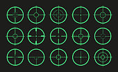 Target icon. Crosshair and aim of sniper. Sight for gun, rifle for military. Logo of periscope in army. Shot from weapon in bullseye. Precise crosshair in game. Cross, dot for optical lens. Vector.