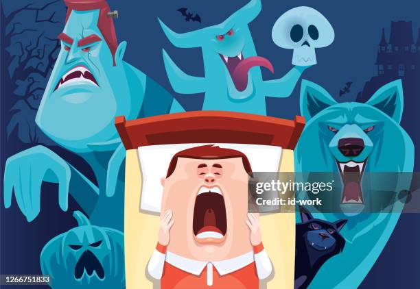 boy having nightmare with devils and ghost - cat lying down stock illustrations