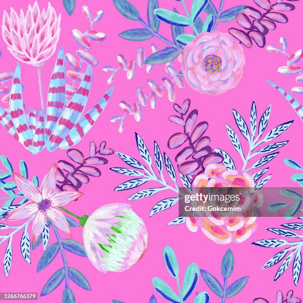 ilustrações de stock, clip art, desenhos animados e ícones de floral seamless pattern. bouquet with hand drawn leaves, flowers and succulents isolated on pink background. oil, acrylic painting floral pattern. design element for greeting cards and wedding, birthday and other holiday and summer invitation cards backgr - seamless flower aquarel