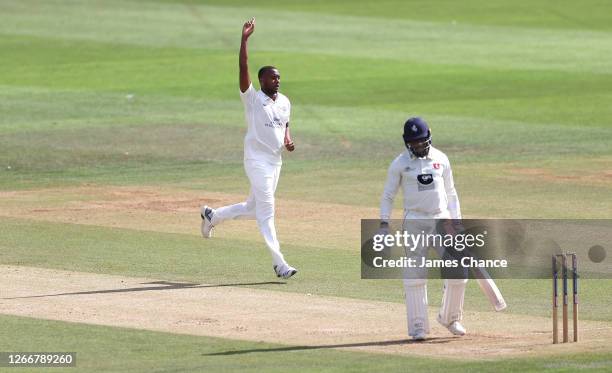 Miguel Cummins of Middlesex celebrates dismissing Daniel Bell-Drummond of Kent during Day 3 of the Bob Willis Trophy match between Kent and Middlesex...