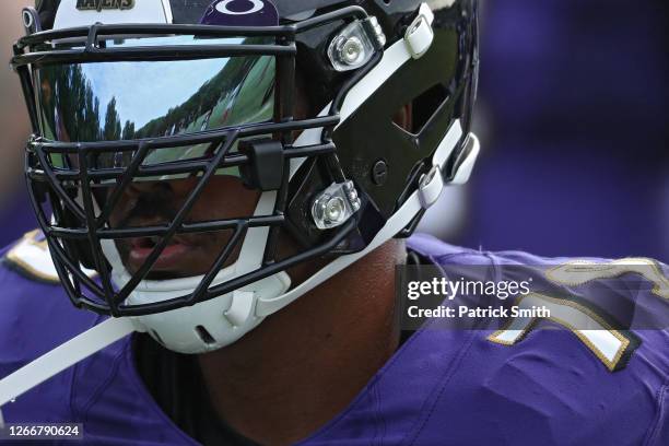 Offensive tackle Ronnie Stanley of the Baltimore Ravens trains during the Baltimore Ravens Training Camp at Under Armour Performance Center Baltimore...