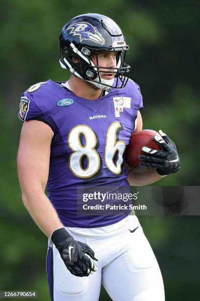 Tight end Nick Boyle of the Baltimore Ravens trains during the Baltimore Ravens Training Camp at Under Armour Performance Center Baltimore Ravens on...