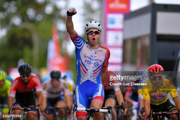 Arrival / Arnaud Demare of France and Team Groupama - FDJ / Celebration / Caleb Ewan of Australia and Team Lotto Soudal Yellow Leader Jersey / during...