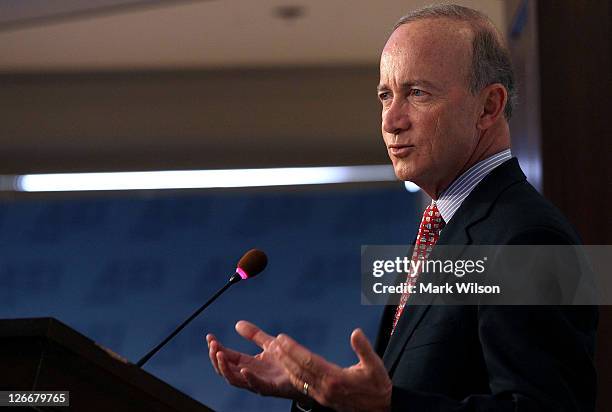 Indiana Gov. Mitch Daniels speaks about his new book "Keeping the Republic" during a discussion at the American Enterprise Institute on September 26,...