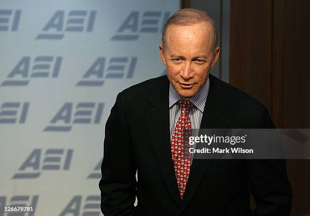 Indiana Gov. Mitch Daniels speaks about his new book "Keeping the Republic" during a discussion at the American Enterprise Institute on September 26,...